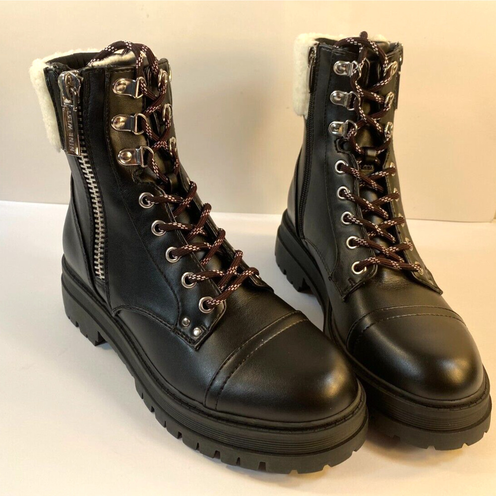 Women's Nine West Pike 3 Black Sherpa-Lined Combat Boots 6.5 M NWOB